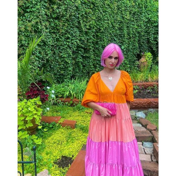 Staud Meadow Color Block Maxi Dress Puff Sleeves Pink Orange Size XS V-Neck - Picture 2 of 9
